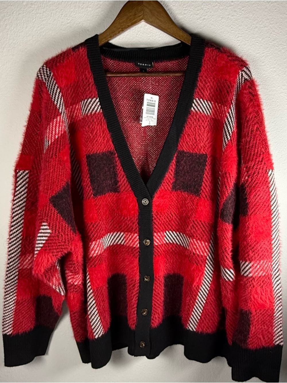 torrid Red Plaid Fuzzy Cardigan with Black Trim